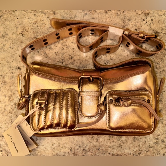 Free People Metallic Gold Leather Buckled Shoulder Crossbody Bag NWT 🔖 - Picture 7 of 9